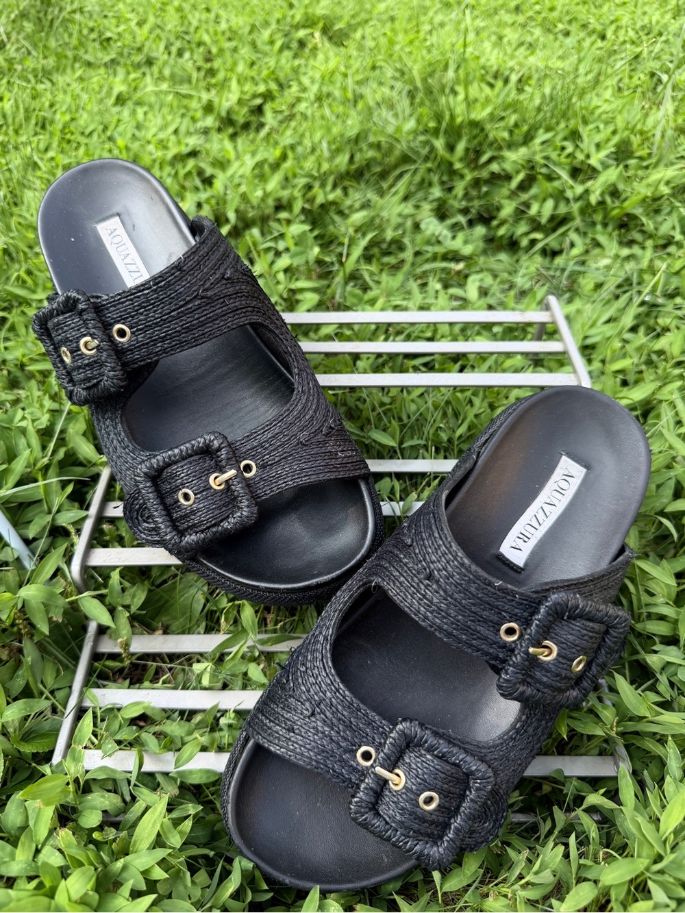 Aquazzura Black Braided Buckle Slide Mules